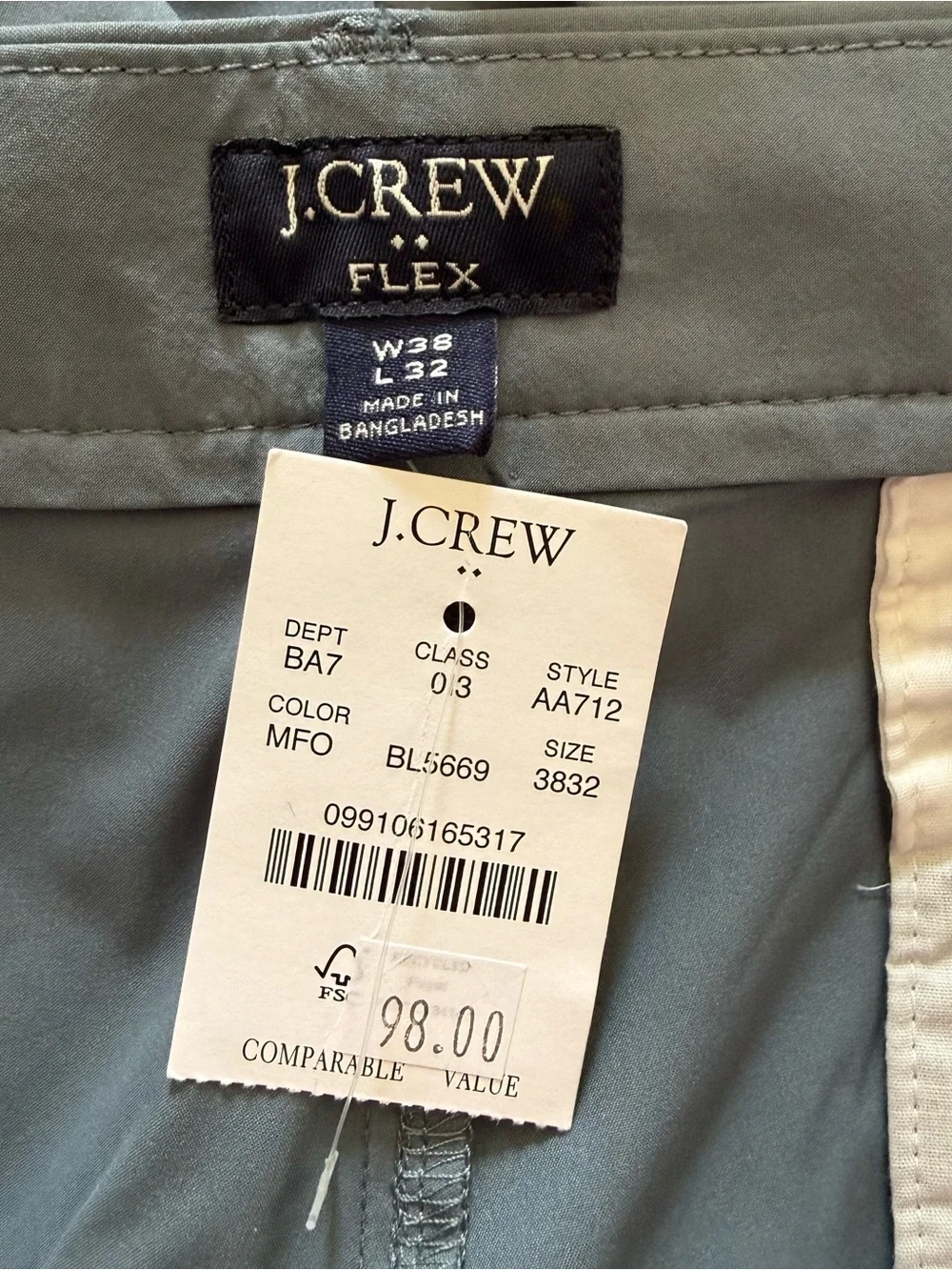 NWT J. Crew Flex Tech Pant Men's 38x32 Slim Fit Performance Golf Casual Stretch